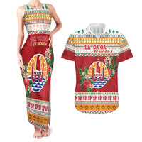 French Polynesia Christmas Couples Matching Tank Maxi Dress and Hawaiian Shirt Coat Of Arms Merry Xmas LT05 Red - Polynesian Pride