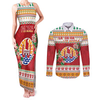 French Polynesia Christmas Couples Matching Tank Maxi Dress and Long Sleeve Button Shirt Coat Of Arms Merry Xmas LT05 Red - Polynesian Pride