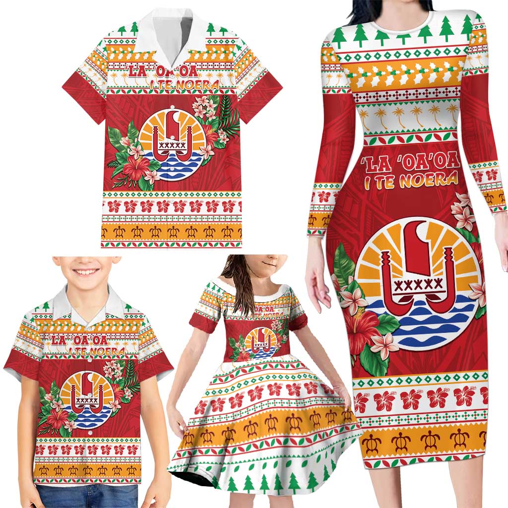 French Polynesia Christmas Family Matching Long Sleeve Bodycon Dress and Hawaiian Shirt Coat Of Arms Merry Xmas LT05 - Polynesian Pride