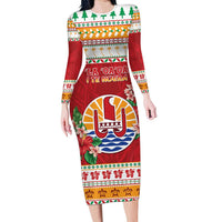 French Polynesia Christmas Family Matching Long Sleeve Bodycon Dress and Hawaiian Shirt Coat Of Arms Merry Xmas LT05 Mom's Dress Red - Polynesian Pride