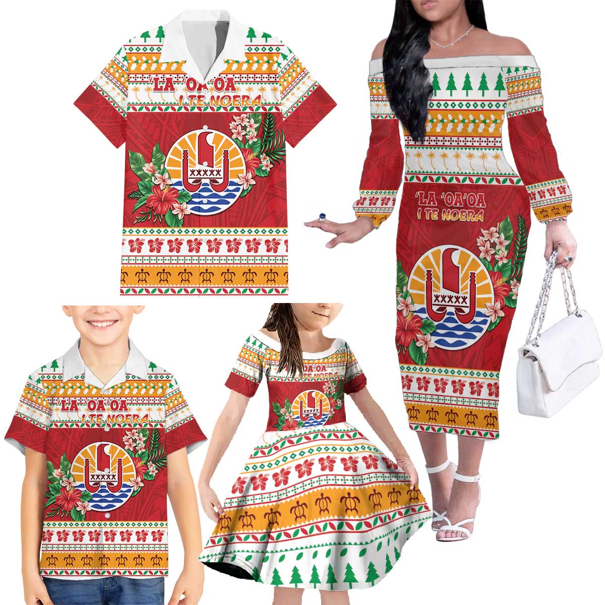 French Polynesia Christmas Family Matching Off The Shoulder Long Sleeve Dress and Hawaiian Shirt Coat Of Arms Merry Xmas LT05 - Polynesian Pride