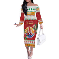 French Polynesia Christmas Family Matching Off The Shoulder Long Sleeve Dress and Hawaiian Shirt Coat Of Arms Merry Xmas LT05 Mom's Dress Red - Polynesian Pride