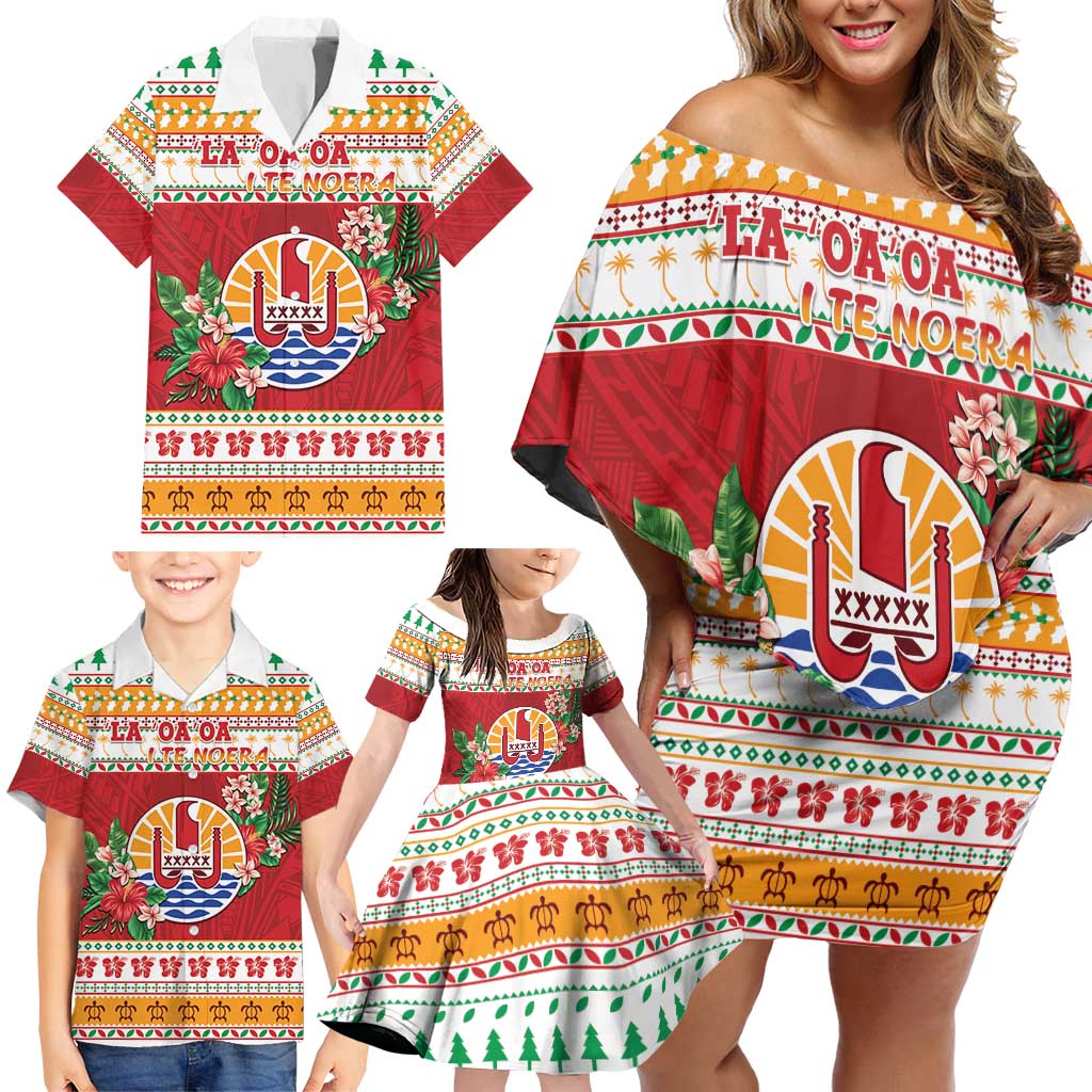 French Polynesia Christmas Family Matching Off Shoulder Short Dress and Hawaiian Shirt Coat Of Arms Merry Xmas LT05 - Polynesian Pride