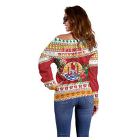 French Polynesia Christmas Off Shoulder Sweater Coat Of Arms Merry Xmas