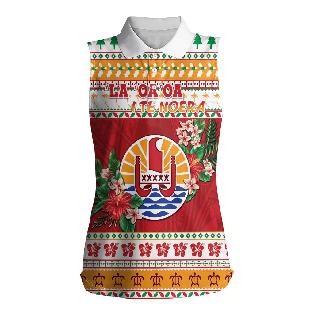 French Polynesia Christmas Women Sleeveless Polo Shirt Coat Of Arms Merry Xmas LT05 Female Red - Polynesian Pride