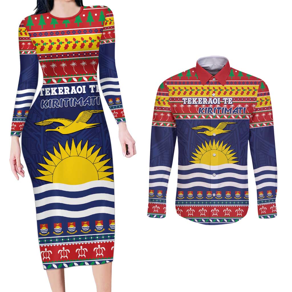 Kiribati Christmas Couples Matching Long Sleeve Bodycon Dress and Long Sleeve Button Shirt Coat Of Arms Tekeraoi Te Kiritimati LT05 Red - Polynesian Pride