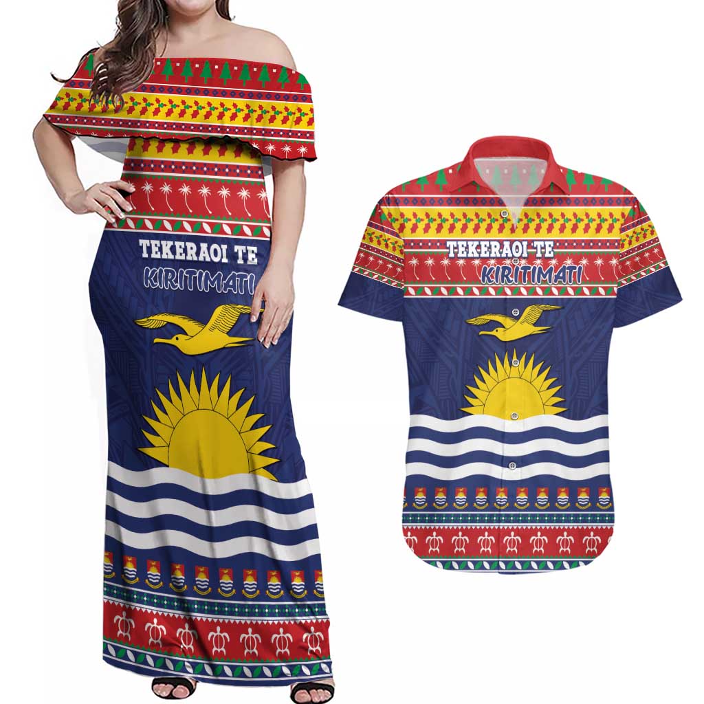 Kiribati Christmas Couples Matching Off Shoulder Maxi Dress and Hawaiian Shirt Coat Of Arms Tekeraoi Te Kiritimati LT05 Red - Polynesian Pride