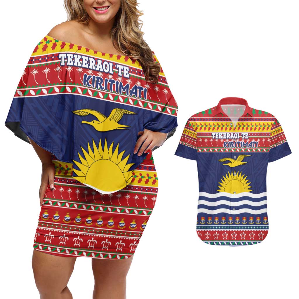 Kiribati Christmas Couples Matching Off Shoulder Short Dress and Hawaiian Shirt Coat Of Arms Tekeraoi Te Kiritimati LT05 Red - Polynesian Pride