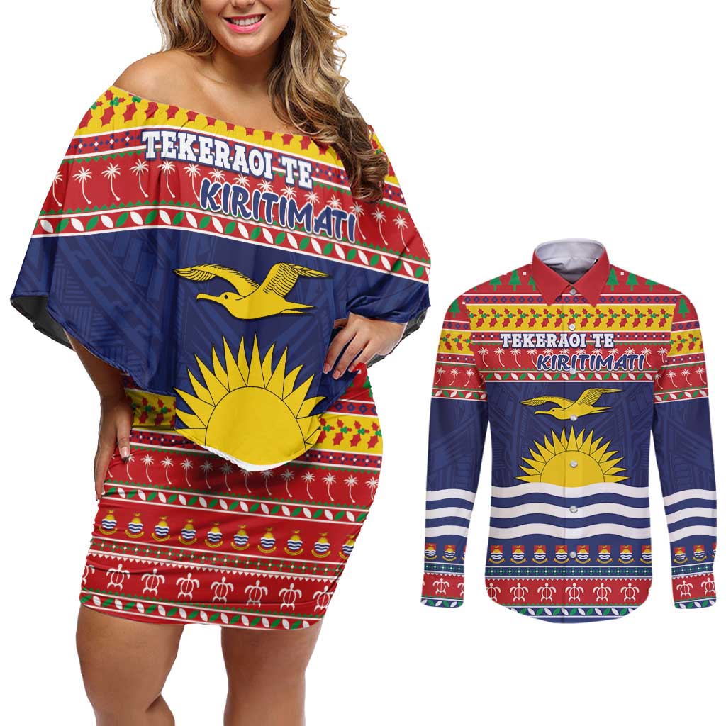 Kiribati Christmas Couples Matching Off Shoulder Short Dress and Long Sleeve Button Shirt Coat Of Arms Tekeraoi Te Kiritimati LT05 Red - Polynesian Pride