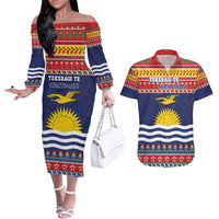 Kiribati Christmas Couples Matching Off The Shoulder Long Sleeve Dress and Hawaiian Shirt Coat Of Arms Tekeraoi Te Kiritimati LT05 Red - Polynesian Pride