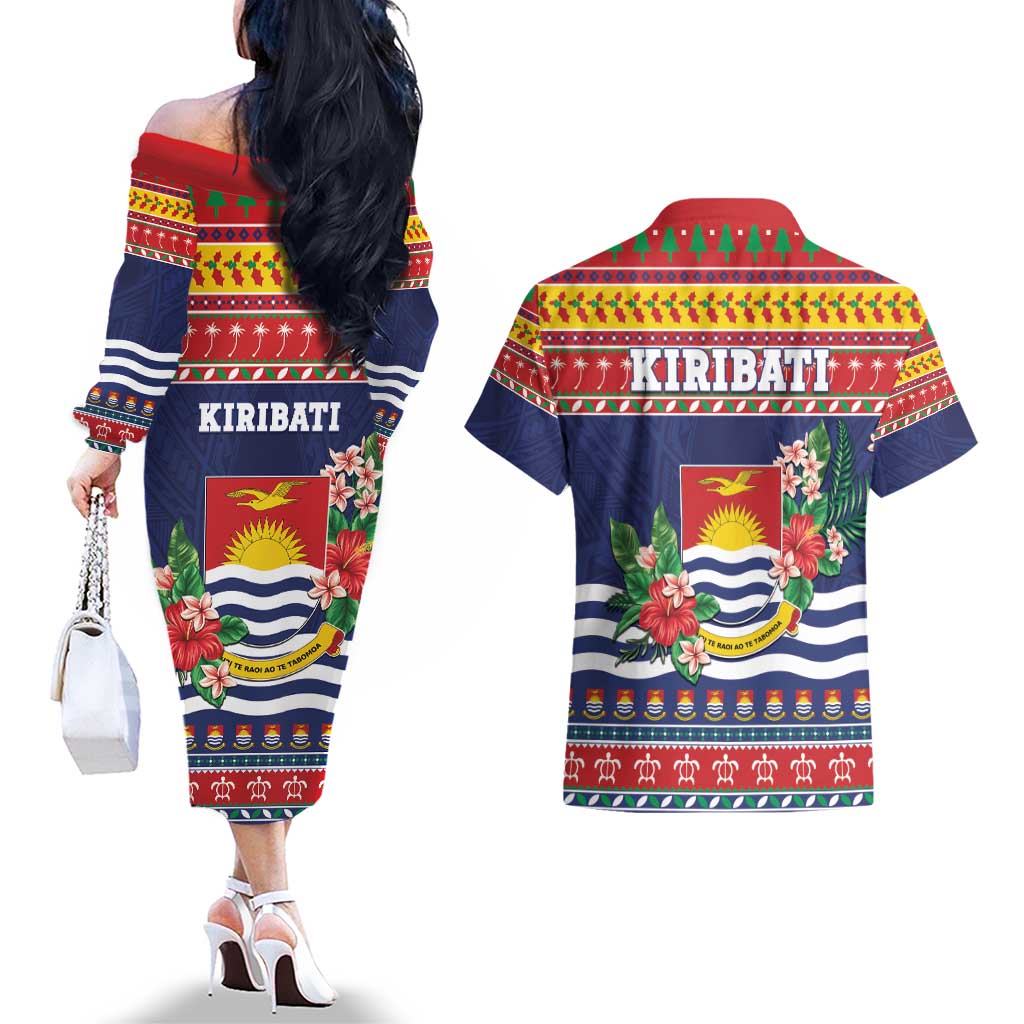 Kiribati Christmas Couples Matching Off The Shoulder Long Sleeve Dress and Hawaiian Shirt Coat Of Arms Tekeraoi Te Kiritimati LT05 - Polynesian Pride