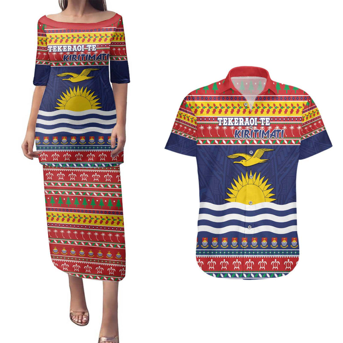 Kiribati Christmas Couples Matching Puletasi and Hawaiian Shirt Coat Of Arms Tekeraoi Te Kiritimati LT05 Red - Polynesian Pride