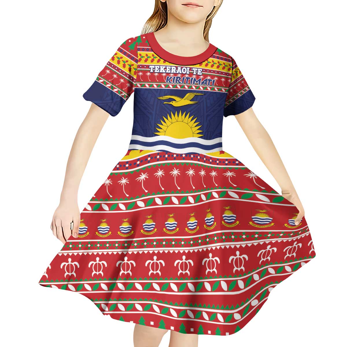 Kiribati Christmas Kid Short Sleeve Dress Coat Of Arms Tekeraoi Te Kiritimati LT05 - Polynesian Pride