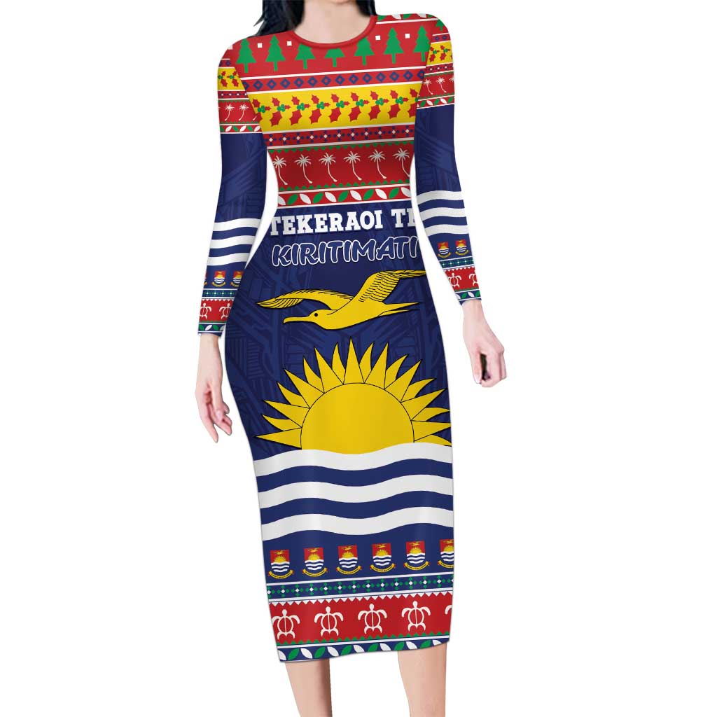 Kiribati Christmas Long Sleeve Bodycon Dress Coat Of Arms Tekeraoi Te Kiritimati LT05 Long Dress Red - Polynesian Pride