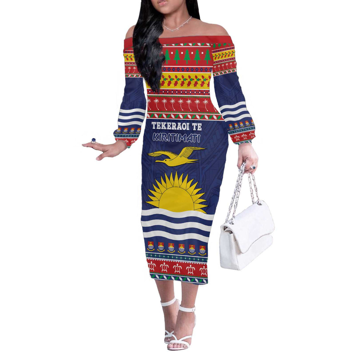 Kiribati Christmas Off The Shoulder Long Sleeve Dress Coat Of Arms Tekeraoi Te Kiritimati LT05 Women Red - Polynesian Pride