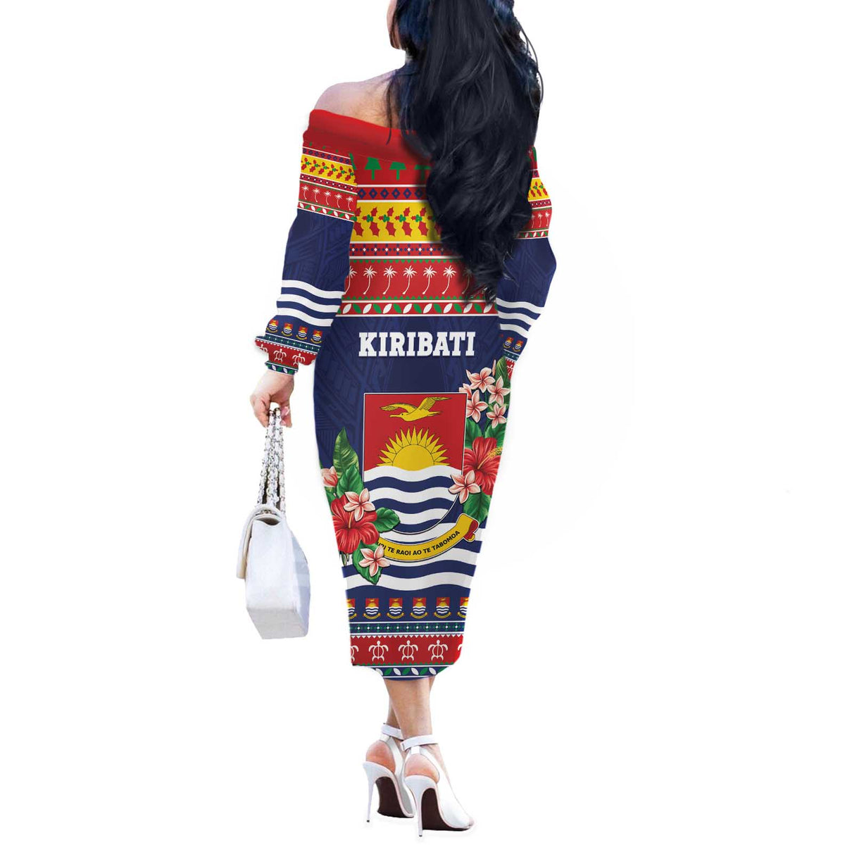 Kiribati Christmas Off The Shoulder Long Sleeve Dress Coat Of Arms Tekeraoi Te Kiritimati LT05 - Polynesian Pride