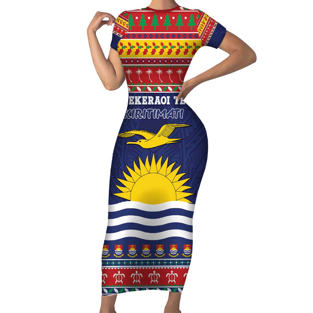 Kiribati Christmas Short Sleeve Bodycon Dress Coat Of Arms Tekeraoi Te Kiritimati LT05 Long Dress Red - Polynesian Pride