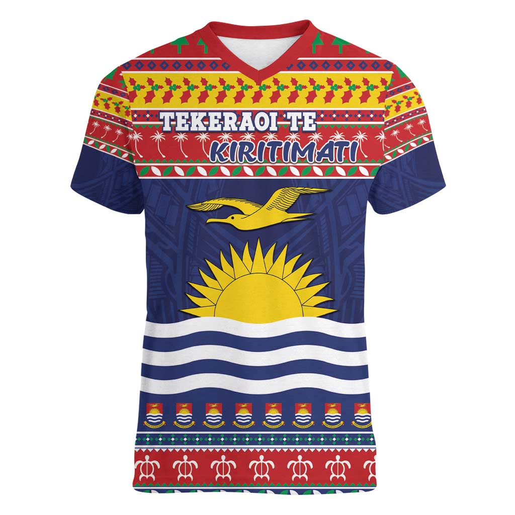 Kiribati Christmas Women V-Neck T-Shirt Coat Of Arms Tekeraoi Te Kiritimati LT05 Female Red - Polynesian Pride