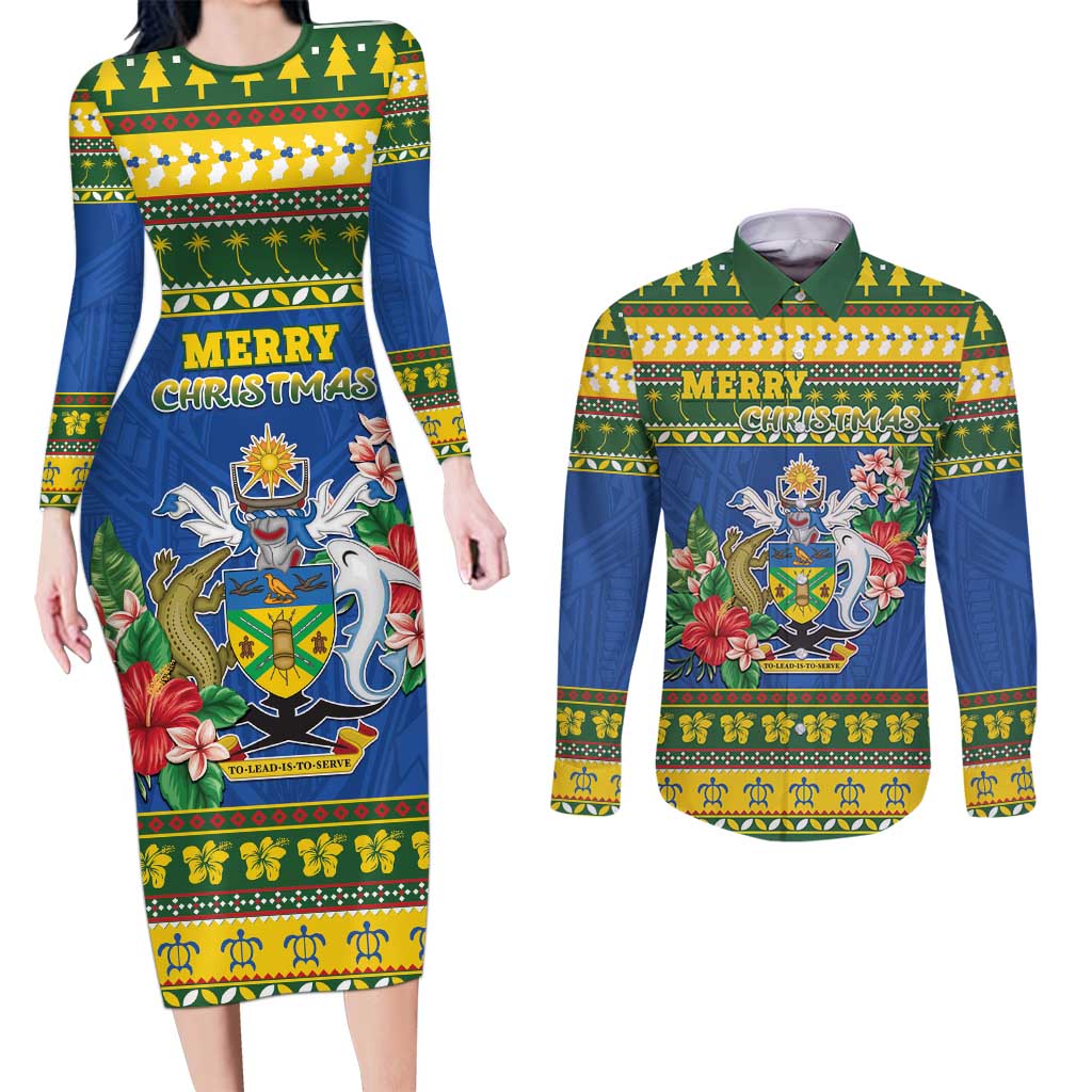 Solomon Islands Christmas Couples Matching Long Sleeve Bodycon Dress and Long Sleeve Button Shirt Coat Of Arms Merry Xmas LT05 Green - Polynesian Pride