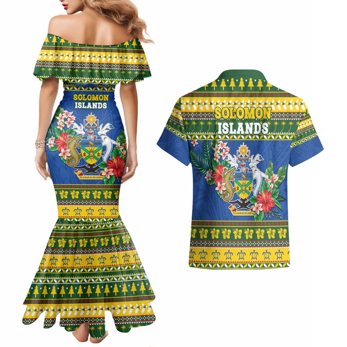 Solomon Islands Christmas Couples Matching Mermaid Dress and Hawaiian Shirt Coat Of Arms Merry Xmas LT05 - Polynesian Pride