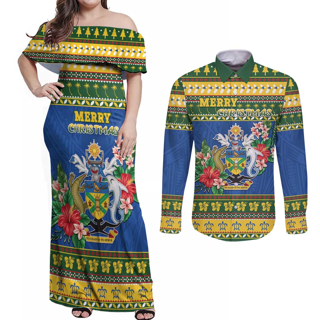 Solomon Islands Christmas Couples Matching Off Shoulder Maxi Dress and Long Sleeve Button Shirt Coat Of Arms Merry Xmas LT05 Green - Polynesian Pride