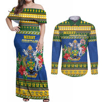 Solomon Islands Christmas Couples Matching Off Shoulder Maxi Dress and Long Sleeve Button Shirt Coat Of Arms Merry Xmas LT05 Green - Polynesian Pride