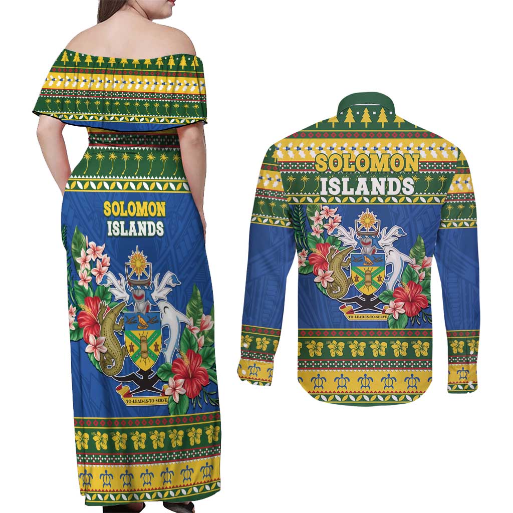 Solomon Islands Christmas Couples Matching Off Shoulder Maxi Dress and Long Sleeve Button Shirt Coat Of Arms Merry Xmas LT05 - Polynesian Pride