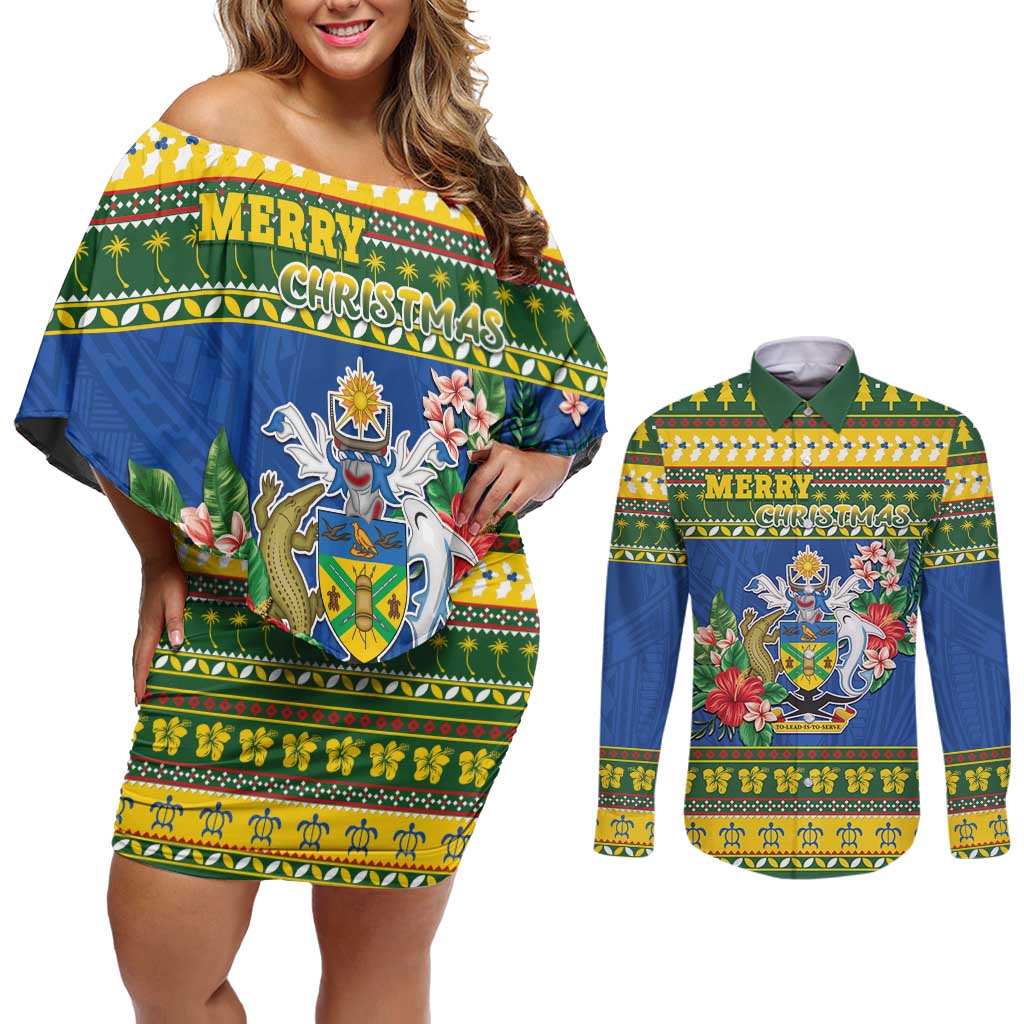Solomon Islands Christmas Couples Matching Off Shoulder Short Dress and Long Sleeve Button Shirt Coat Of Arms Merry Xmas LT05 Green - Polynesian Pride