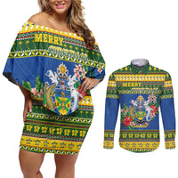 Solomon Islands Christmas Couples Matching Off Shoulder Short Dress and Long Sleeve Button Shirt Coat Of Arms Merry Xmas LT05 Green - Polynesian Pride