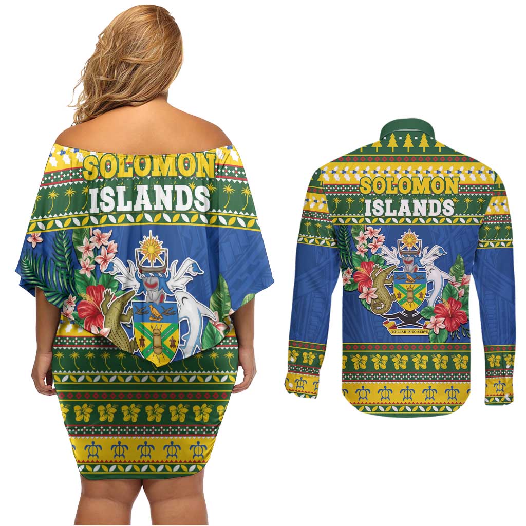 Solomon Islands Christmas Couples Matching Off Shoulder Short Dress and Long Sleeve Button Shirt Coat Of Arms Merry Xmas LT05 - Polynesian Pride
