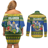 Solomon Islands Christmas Couples Matching Off Shoulder Short Dress and Long Sleeve Button Shirt Coat Of Arms Merry Xmas LT05 - Polynesian Pride