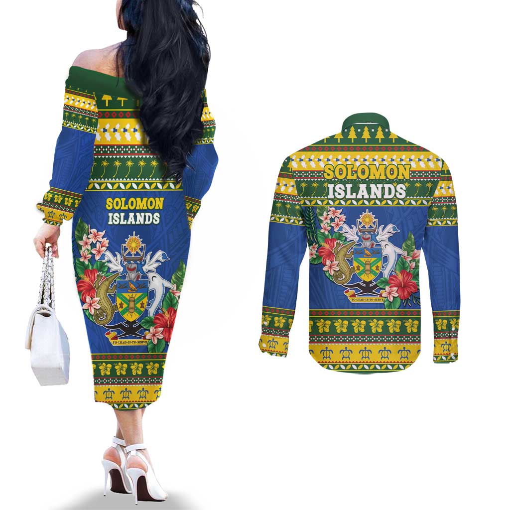 Solomon Islands Christmas Couples Matching Off The Shoulder Long Sleeve Dress and Long Sleeve Button Shirt Coat Of Arms Merry Xmas LT05 - Polynesian Pride