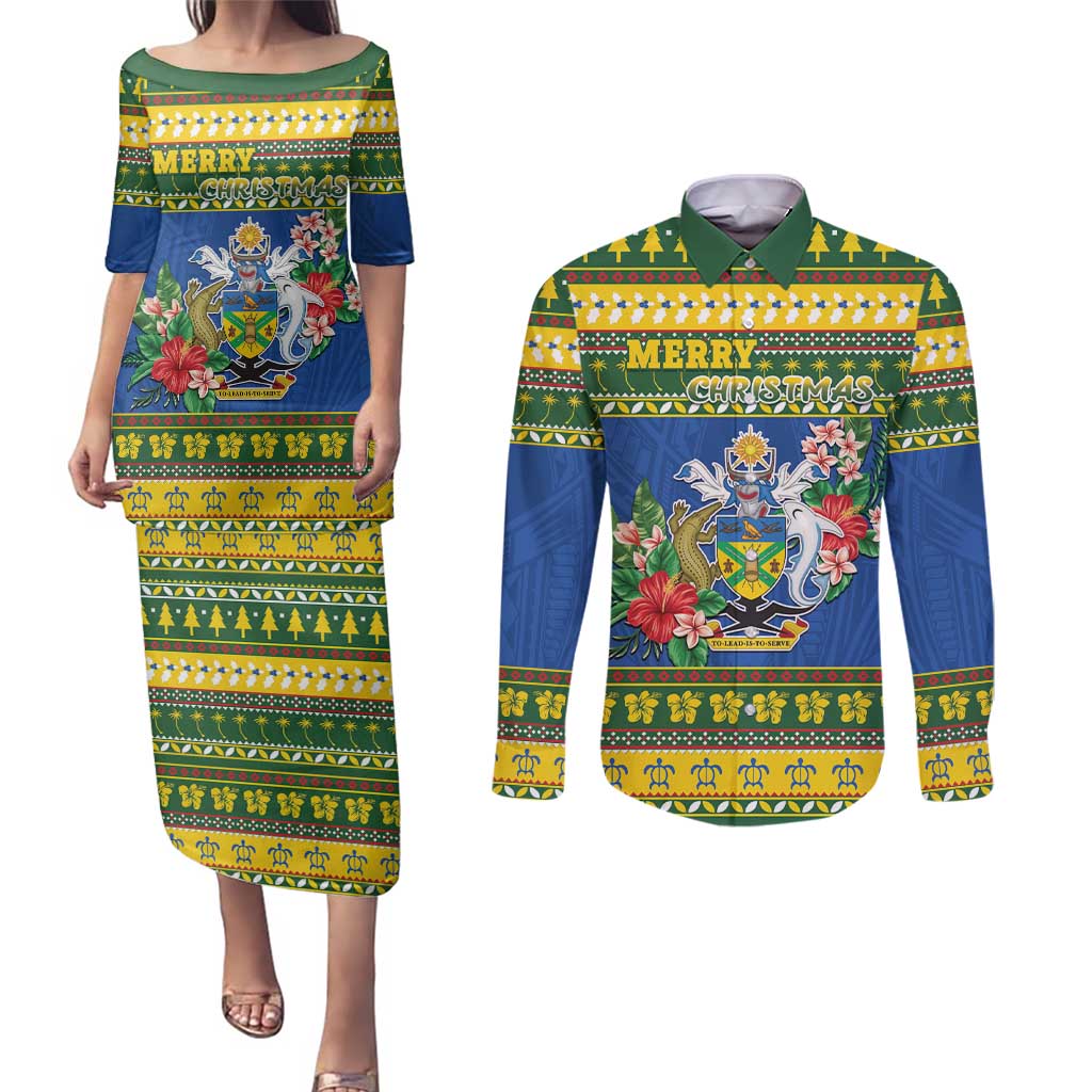 Solomon Islands Christmas Couples Matching Puletasi and Long Sleeve Button Shirt Coat Of Arms Merry Xmas LT05 Green - Polynesian Pride