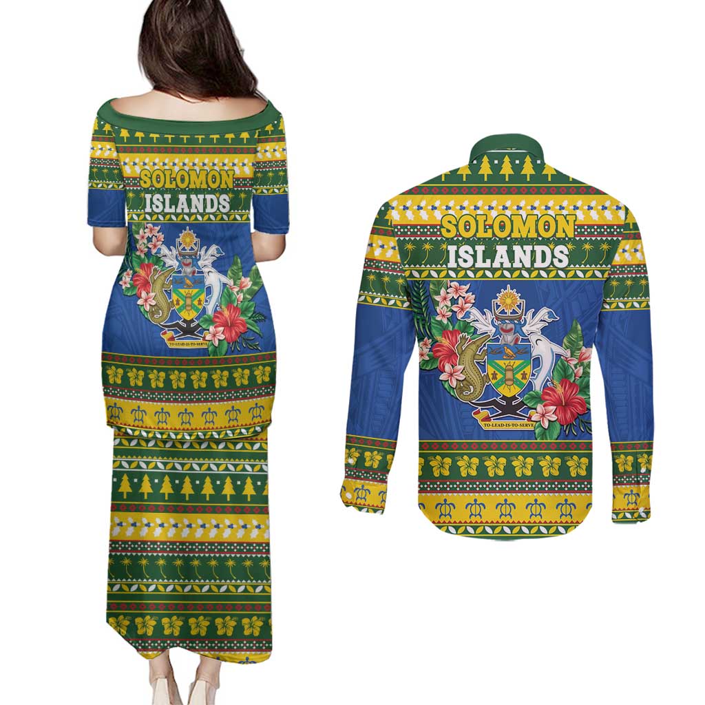 Solomon Islands Christmas Couples Matching Puletasi and Long Sleeve Button Shirt Coat Of Arms Merry Xmas LT05 - Polynesian Pride