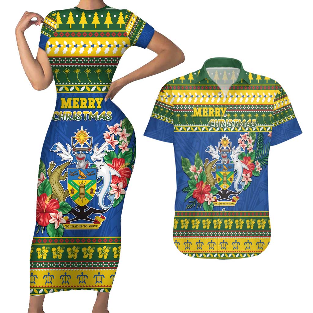 Solomon Islands Christmas Couples Matching Short Sleeve Bodycon Dress and Hawaiian Shirt Coat Of Arms Merry Xmas LT05 Green - Polynesian Pride