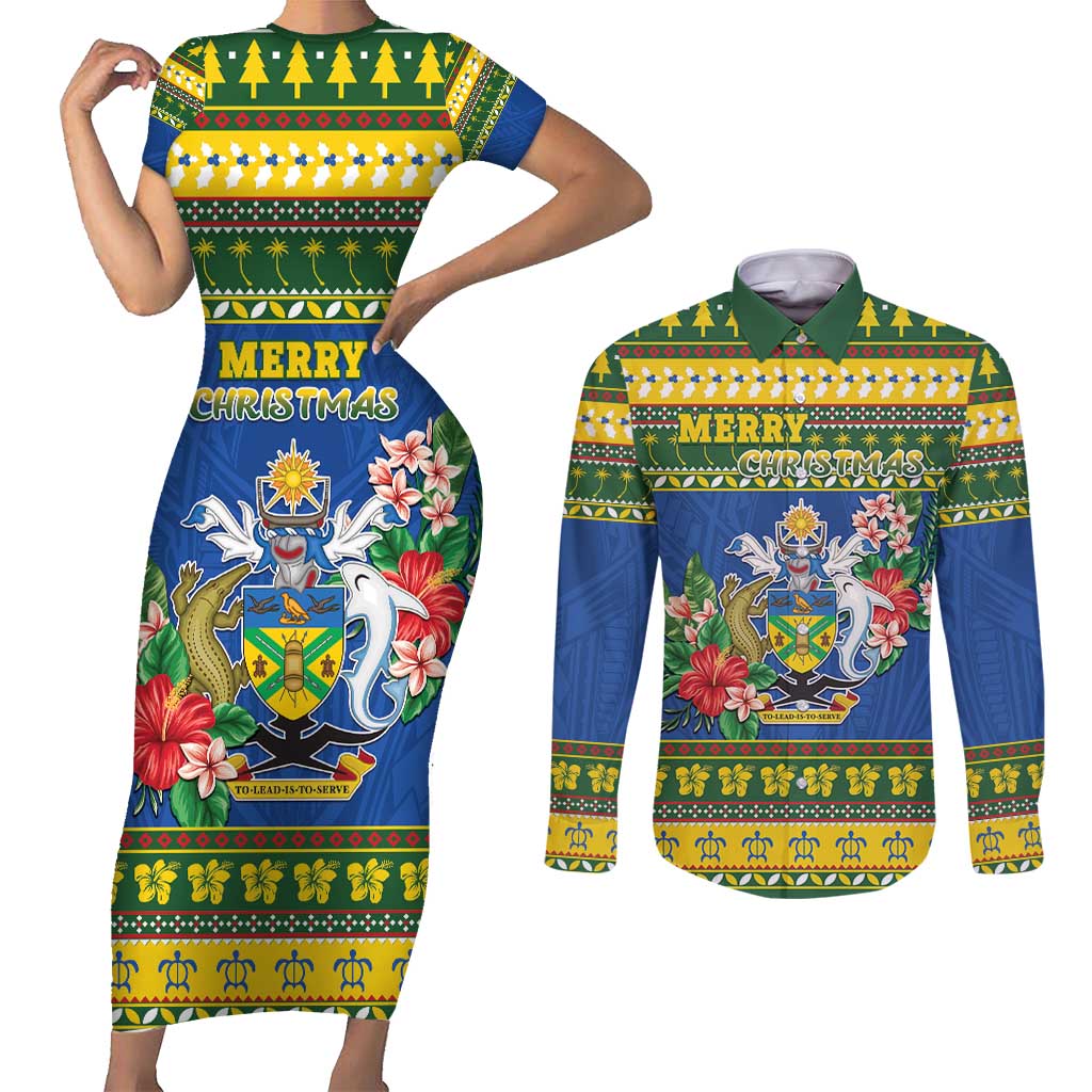 Solomon Islands Christmas Couples Matching Short Sleeve Bodycon Dress and Long Sleeve Button Shirt Coat Of Arms Merry Xmas LT05 Green - Polynesian Pride