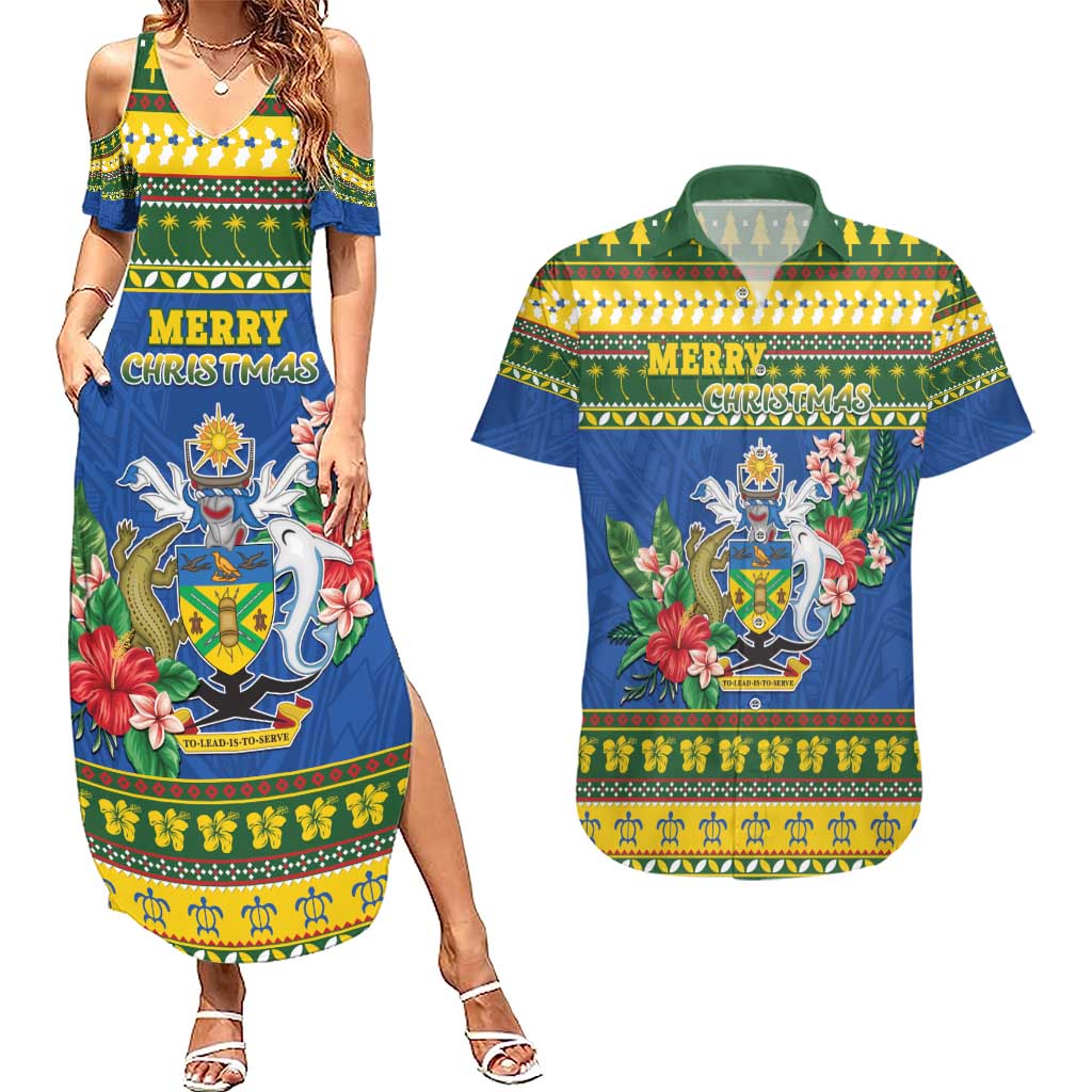Solomon Islands Christmas Couples Matching Summer Maxi Dress and Hawaiian Shirt Coat Of Arms Merry Xmas LT05 Green - Polynesian Pride