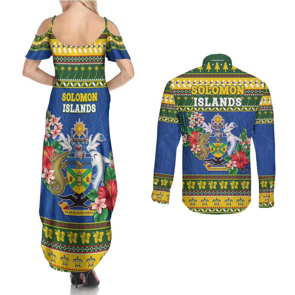 Solomon Islands Christmas Couples Matching Summer Maxi Dress and Long Sleeve Button Shirt Coat Of Arms Merry Xmas LT05 - Polynesian Pride