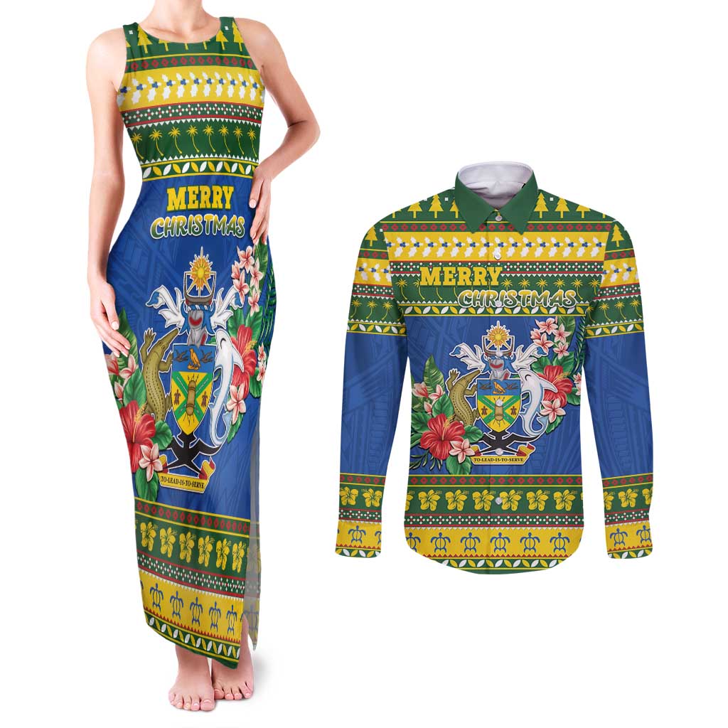 Solomon Islands Christmas Couples Matching Tank Maxi Dress and Long Sleeve Button Shirt Coat Of Arms Merry Xmas LT05 Green - Polynesian Pride