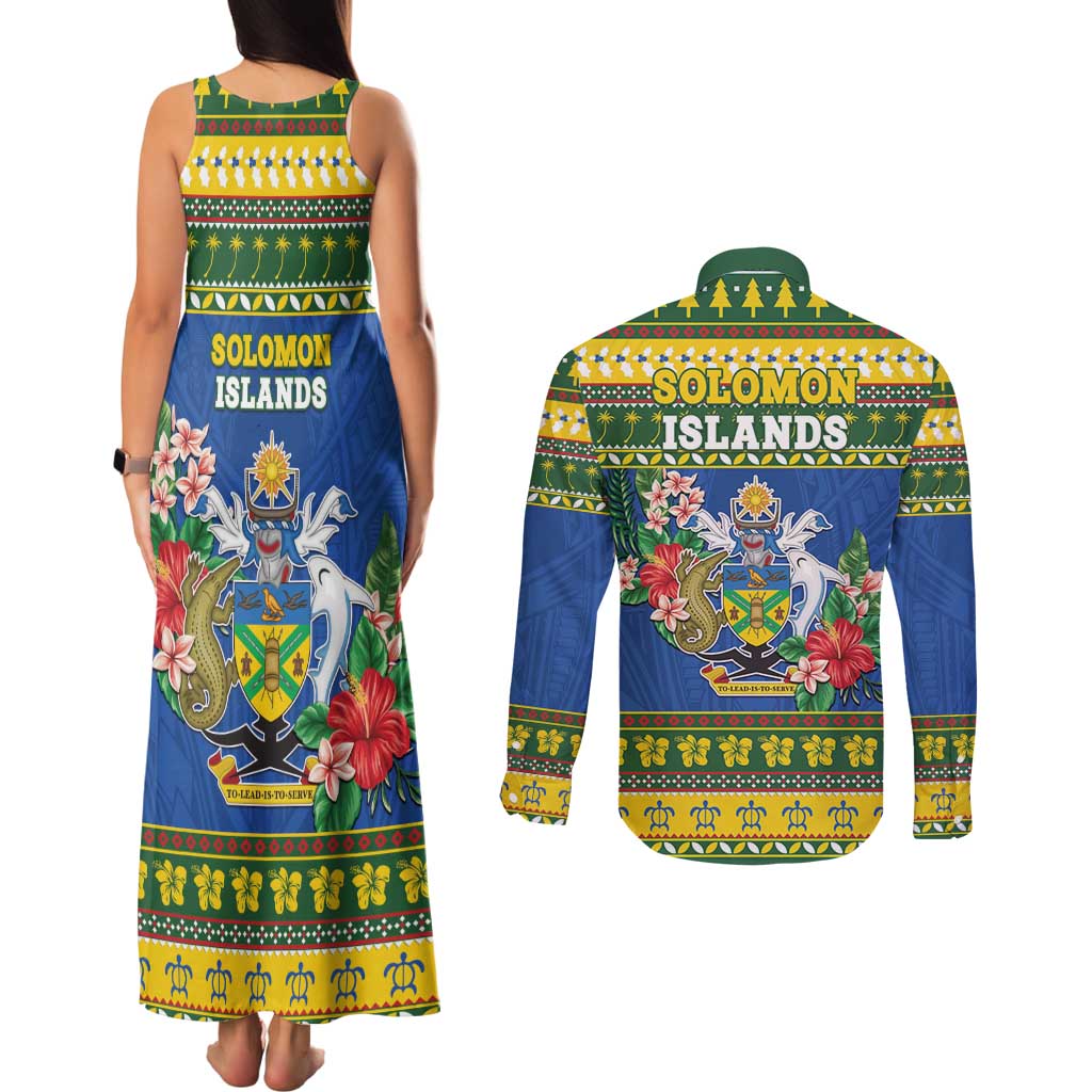 Solomon Islands Christmas Couples Matching Tank Maxi Dress and Long Sleeve Button Shirt Coat Of Arms Merry Xmas LT05 - Polynesian Pride