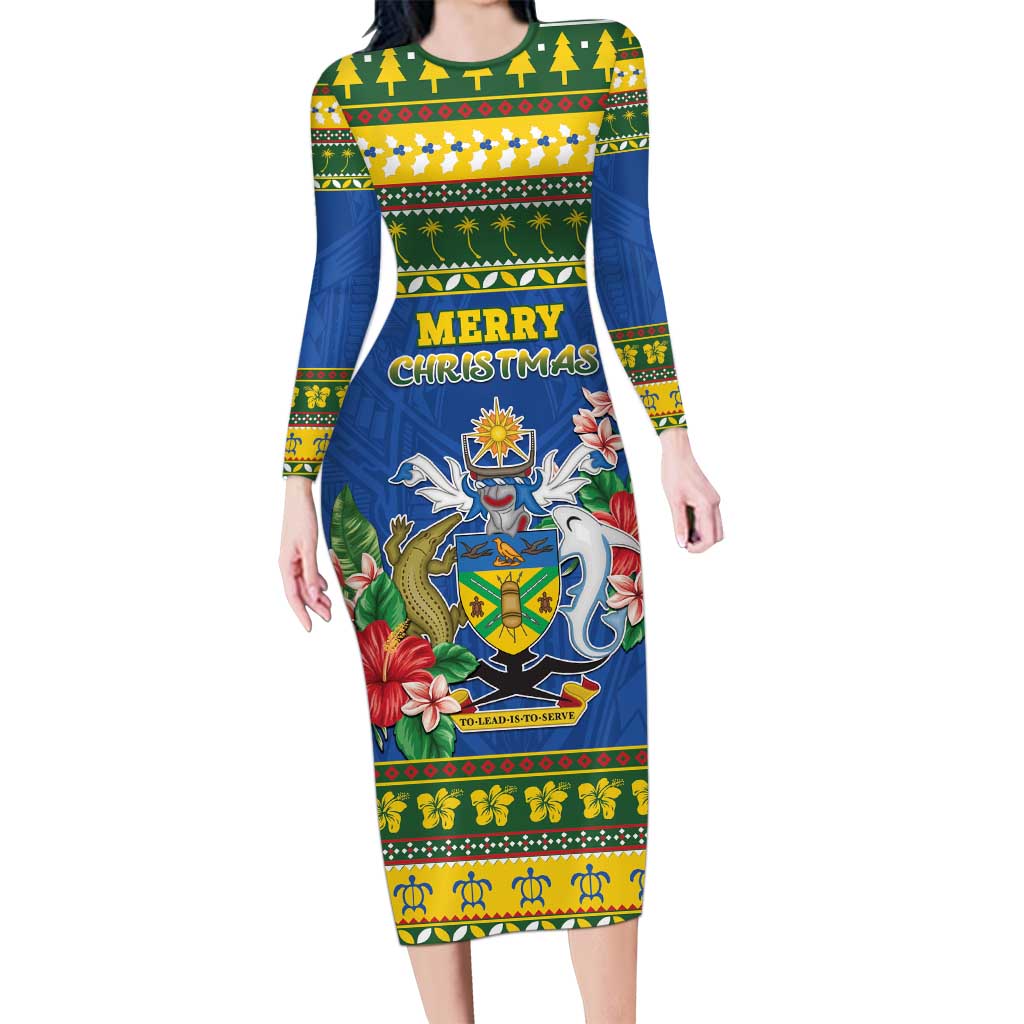 Solomon Islands Christmas Family Matching Long Sleeve Bodycon Dress and Hawaiian Shirt Coat Of Arms Merry Xmas LT05 Mom's Dress Green - Polynesian Pride