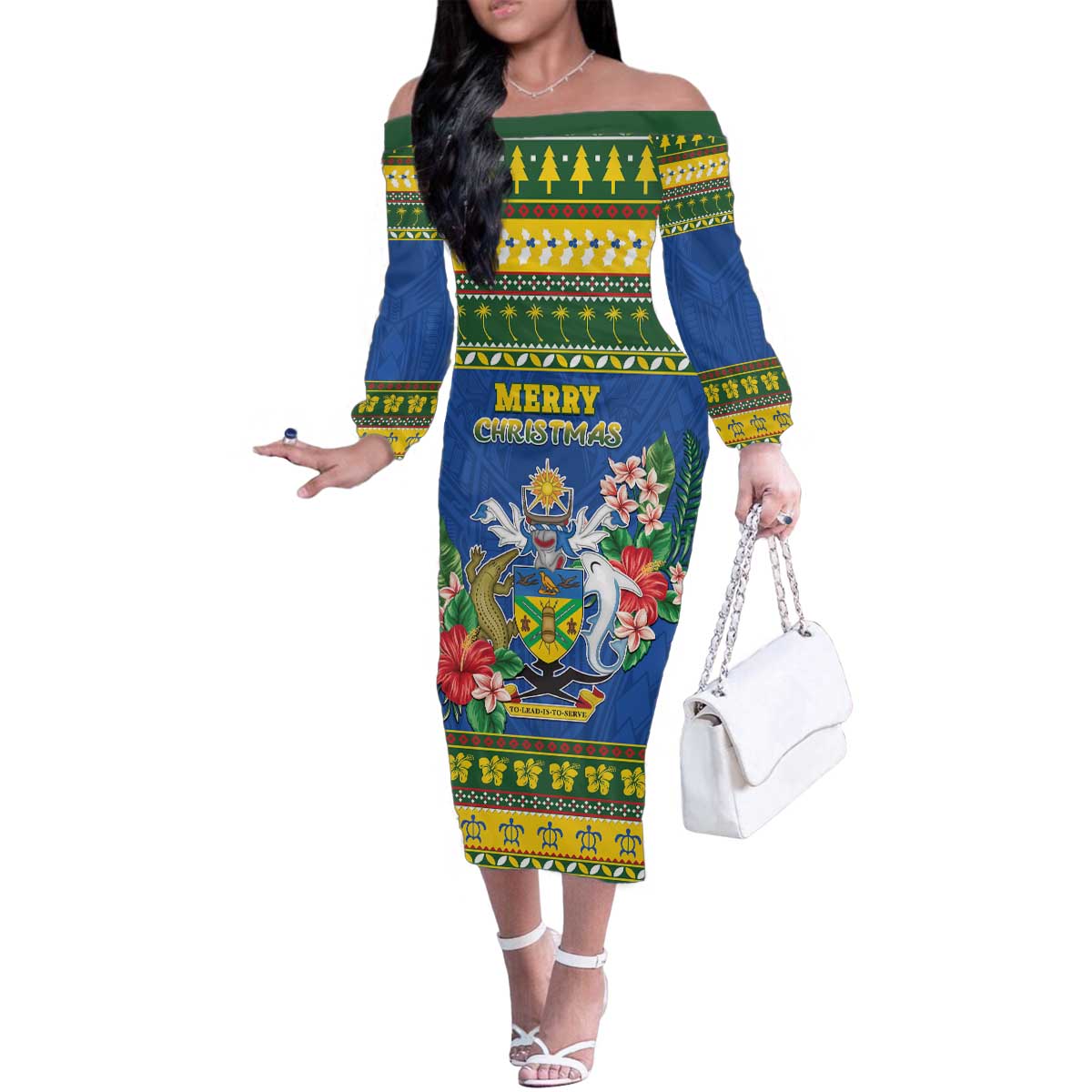 Solomon Islands Christmas Family Matching Off The Shoulder Long Sleeve Dress and Hawaiian Shirt Coat Of Arms Merry Xmas LT05 Mom's Dress Green - Polynesian Pride