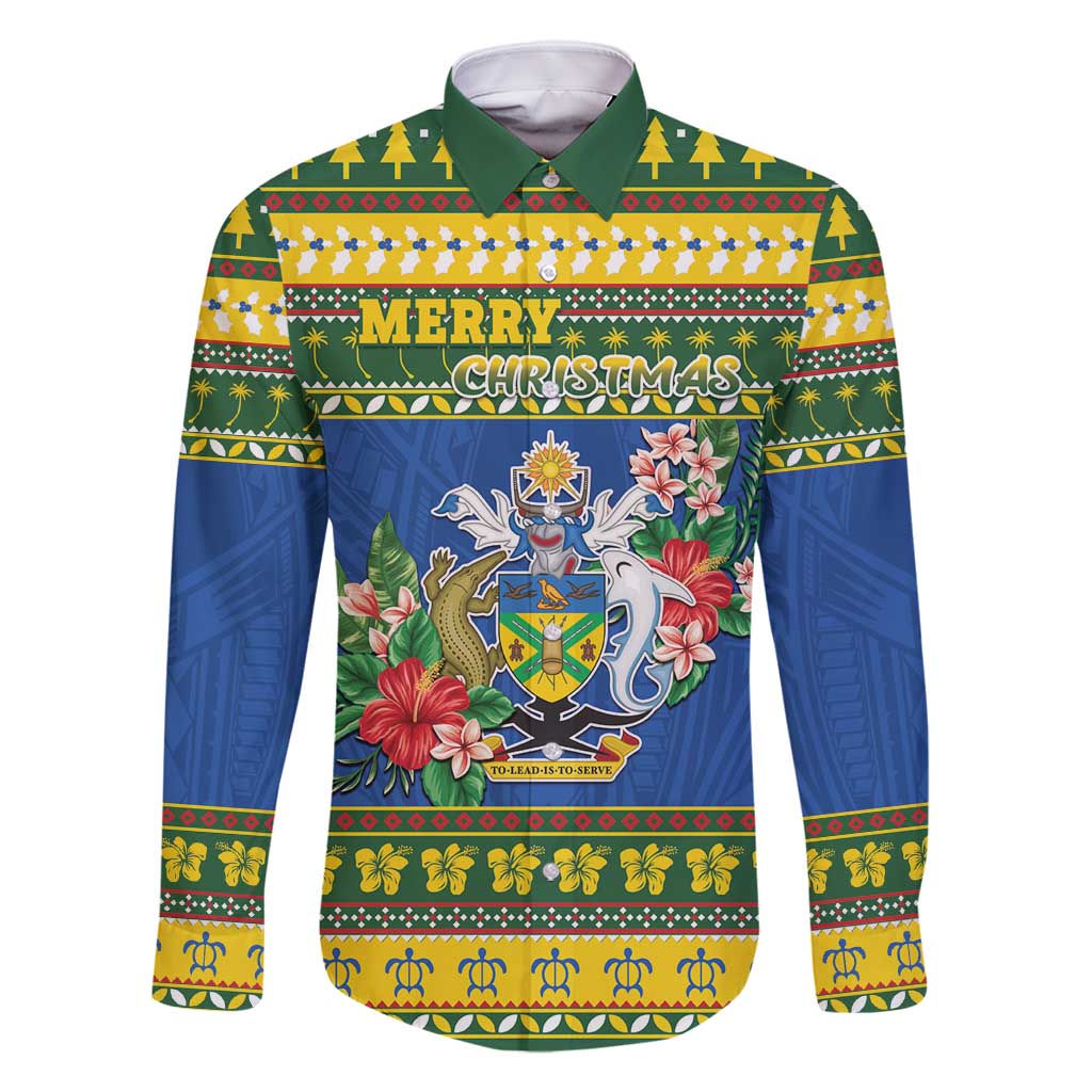 Solomon Islands Christmas Family Matching Off Shoulder Maxi Dress and Hawaiian Shirt Coat Of Arms Merry Xmas LT05 Dad's Shirt - Long Sleeve Green - Polynesian Pride