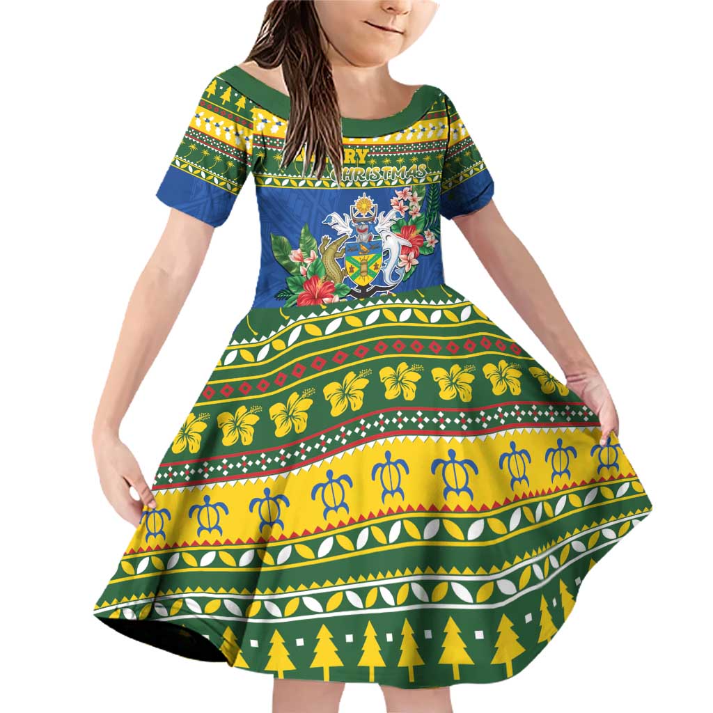 Solomon Islands Christmas Family Matching Off Shoulder Short Dress and Hawaiian Shirt Coat Of Arms Merry Xmas LT05 Daughter's Dress Green - Polynesian Pride