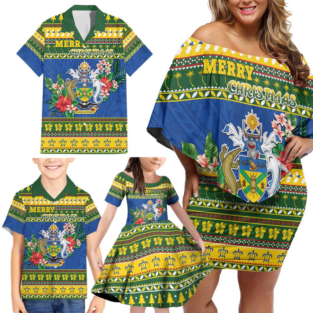 Solomon Islands Christmas Family Matching Off Shoulder Short Dress and Hawaiian Shirt Coat Of Arms Merry Xmas LT05 - Polynesian Pride