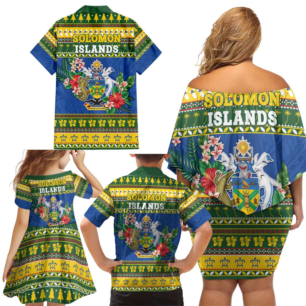 Solomon Islands Christmas Family Matching Off Shoulder Short Dress and Hawaiian Shirt Coat Of Arms Merry Xmas LT05 - Polynesian Pride