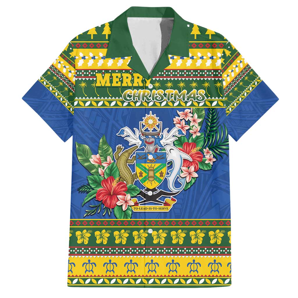 Solomon Islands Christmas Family Matching Puletasi and Hawaiian Shirt Coat Of Arms Merry Xmas LT05 Dad's Shirt - Short Sleeve Green - Polynesian Pride