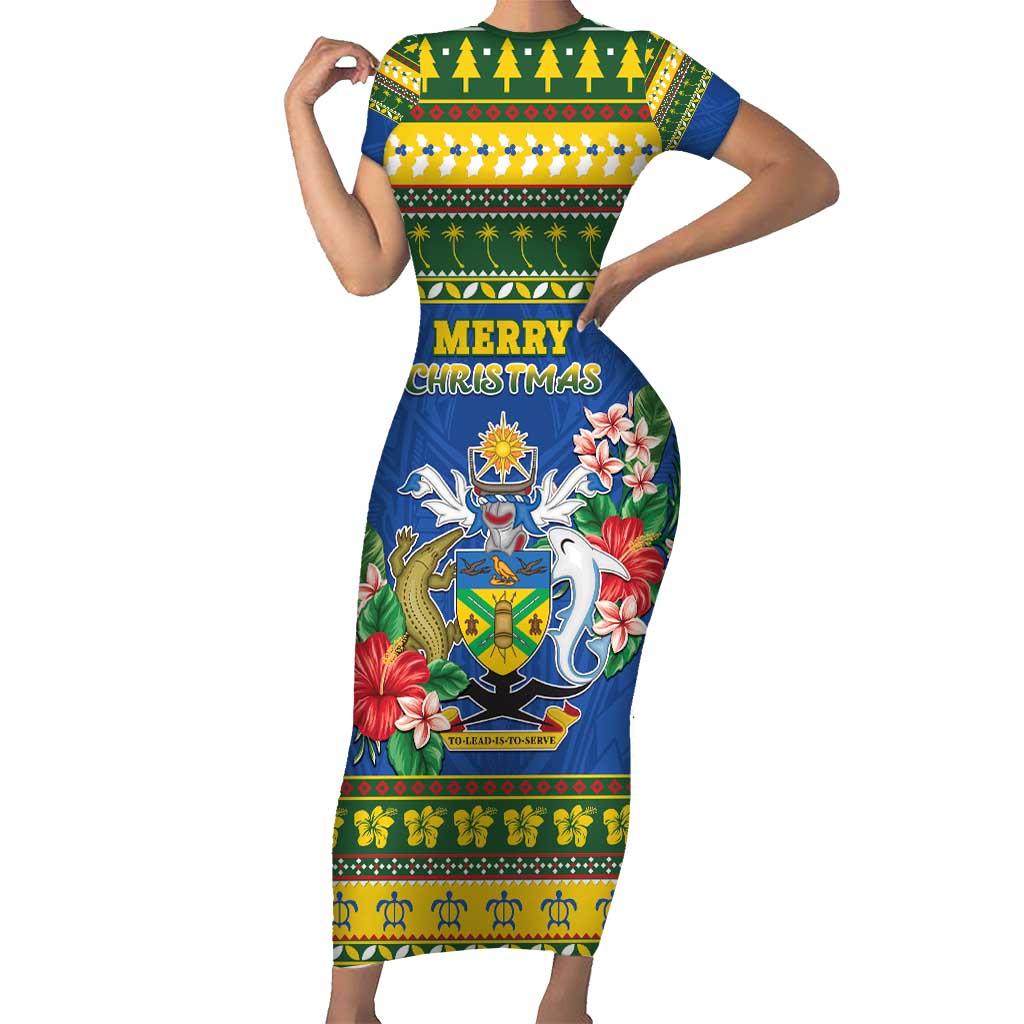 Solomon Islands Christmas Family Matching Short Sleeve Bodycon Dress and Hawaiian Shirt Coat Of Arms Merry Xmas LT05 Mom's Dress Green - Polynesian Pride