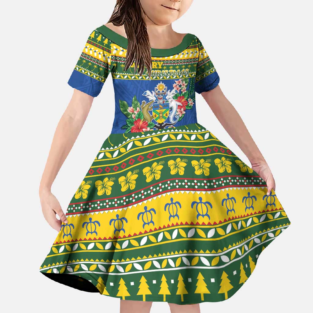 Solomon Islands Christmas Family Matching Summer Maxi Dress and Hawaiian Shirt Coat Of Arms Merry Xmas LT05 Daughter's Dress Green - Polynesian Pride