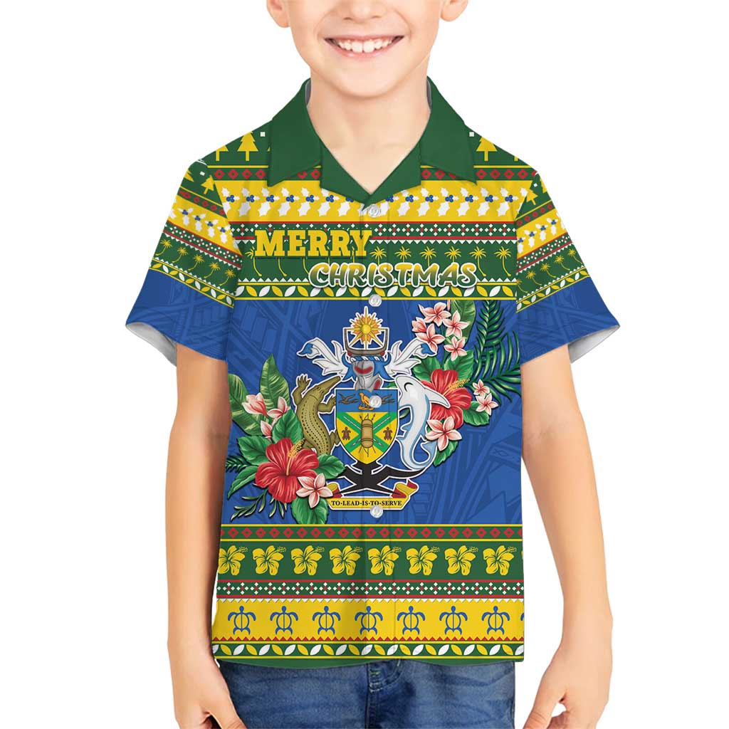 Solomon Islands Christmas Family Matching Summer Maxi Dress and Hawaiian Shirt Coat Of Arms Merry Xmas LT05 Son's Shirt Green - Polynesian Pride